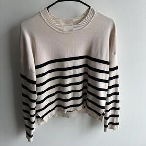 For The Republic Striped Pullover Sweater Ivory Black Knit Crew Neck Size S